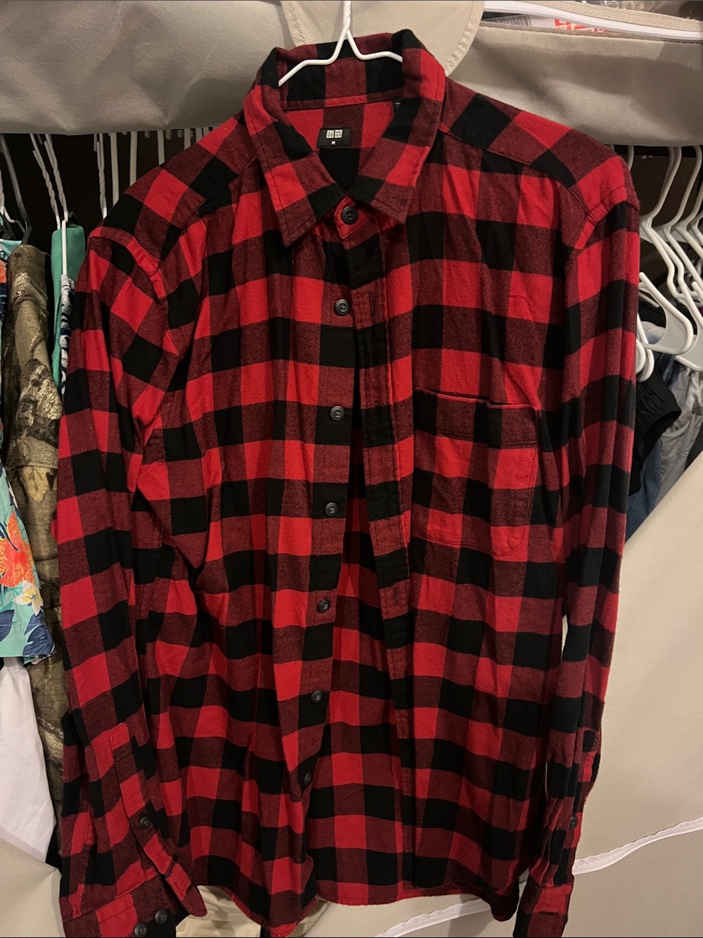 Uniqlo Men's Red and Black Buffalo Check Button-Down Shirt